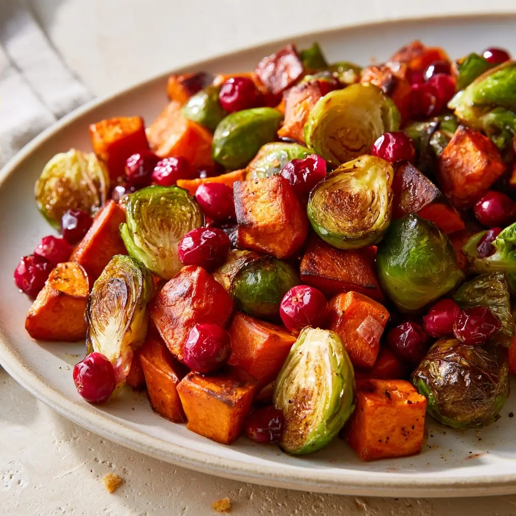 Cranberry Roasted Sweet Potatoes & Brussels Sprouts